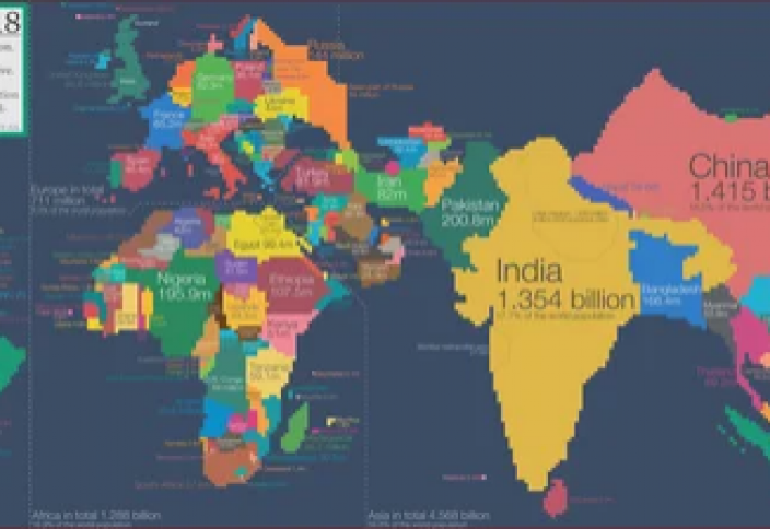 Карта численности населения стран мира, 2018