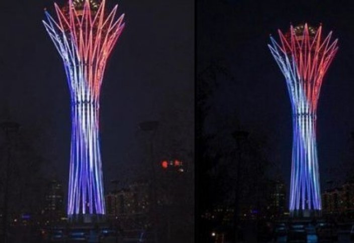 Монумент «Байтерек» засветился триколором в память о теракте в Париже